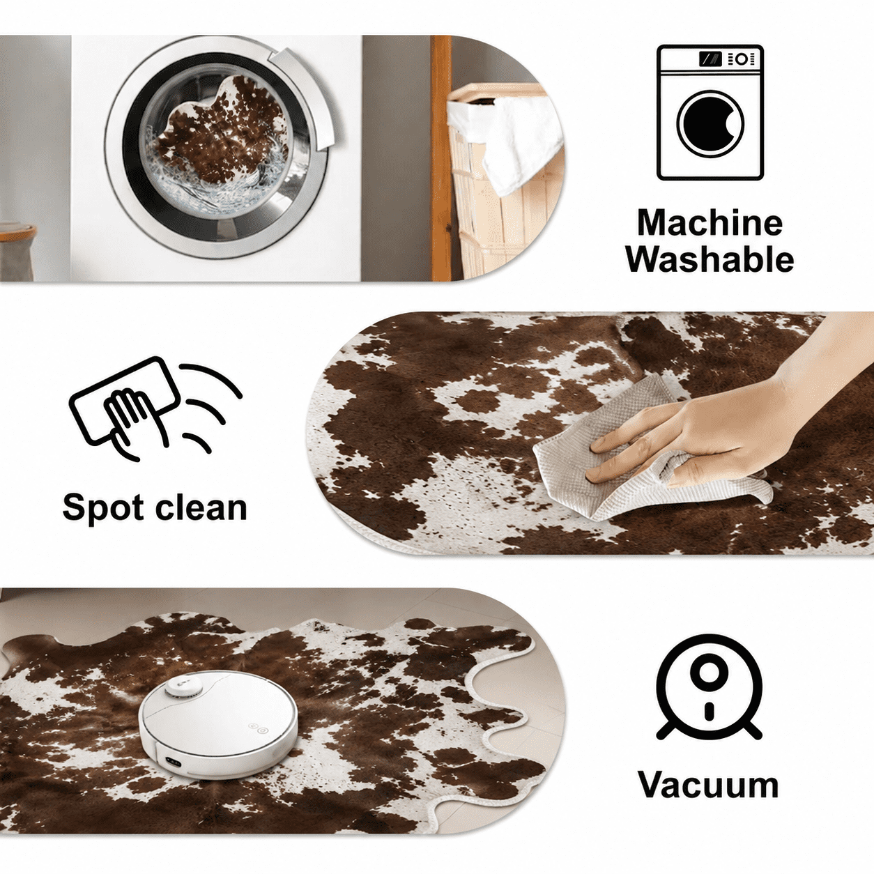 VALOMENE Washable 6' x 8' Cow Print Area Rugs for Living Room Bedroom Animal Print Hide Skin Rustic Western Décor Black and Brown