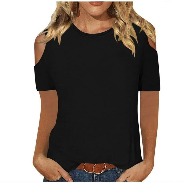 Timegard T-Shirts à Manches Courtes pour Femmes Été Épaules Dénudées Col Rond Tunique Décontractée Tee Basique Mignon T-Shirt