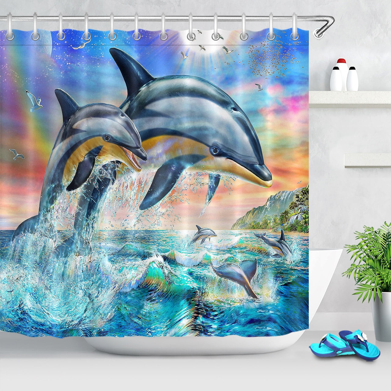 180x180cm Dolphin on the Sea Shower Curtain Waterproof Anti Mould ...