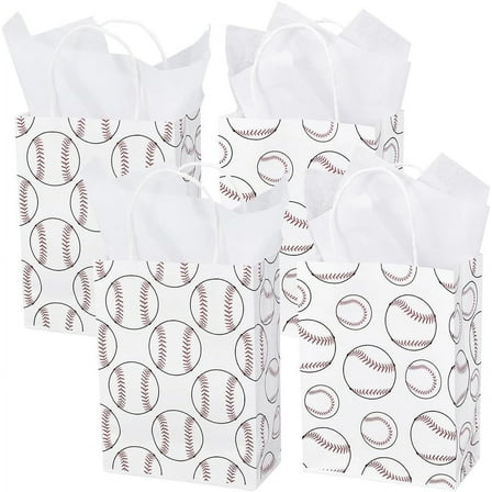 12Pcs 2 Styles Baseball Party Favor Bags Rectangle Paper Gift Bags with Handles 10Pcs Tissue Papers for Baseball Theme Day Sports Goody Bags Birthday Party Decorations (6x8x3 Inch)