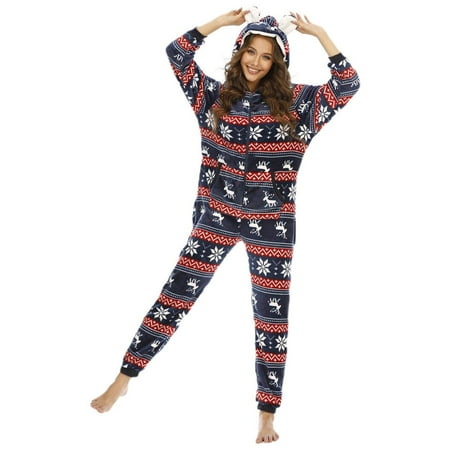 

Winter Women Christmas Onesie Pajamas Cute Ear Hooded PJs Zipper Xmas Elk Jumpsuit Loungewear Flannel Warm Overalls with Pockets
