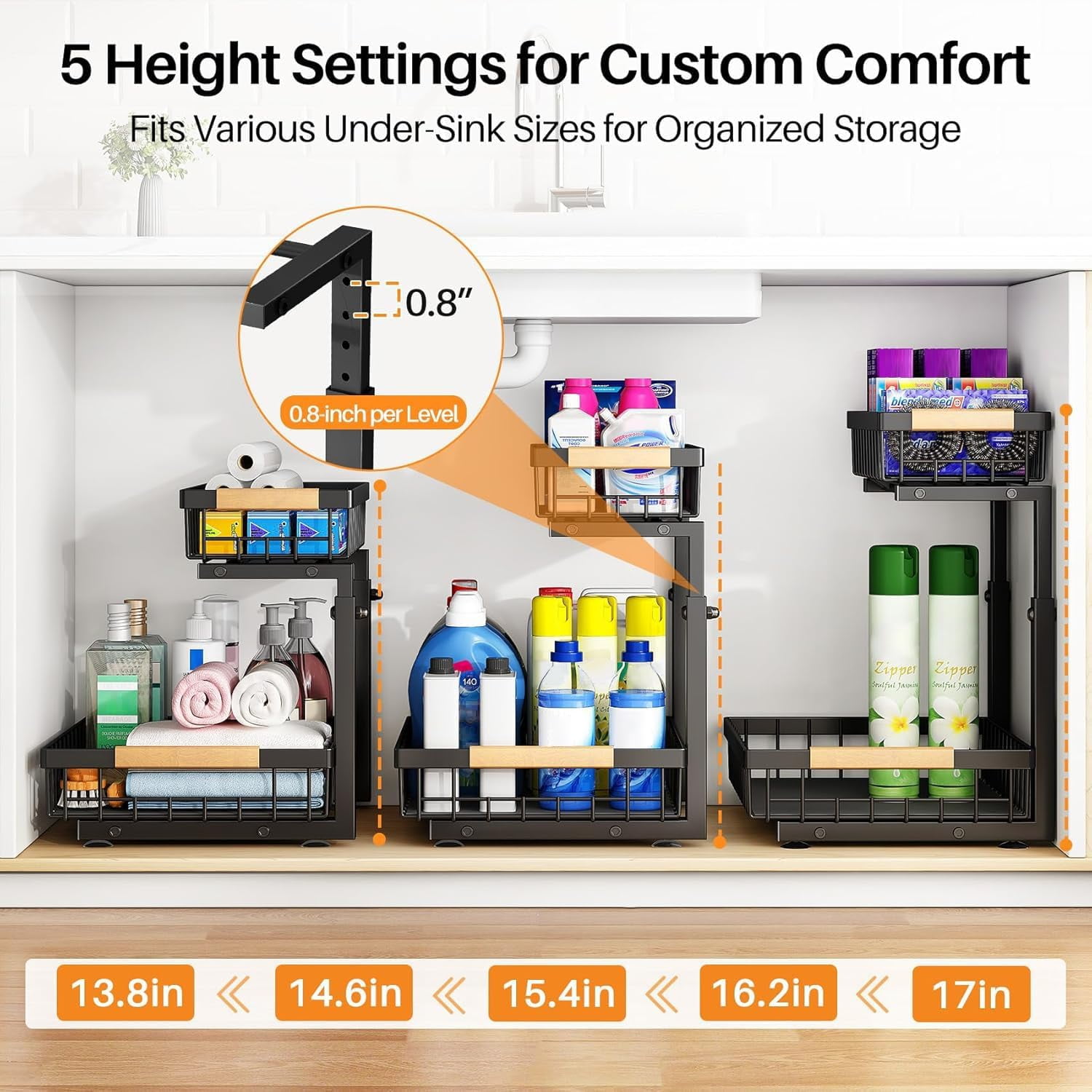 Under Sink Organizer, Adjustable Height, 2 Tier Pull Out Under Cabinet Organizer, Slide Out Thickened Metal Under Sink Storage for Kitchen Bathroom Laundry Pantry Cabinet