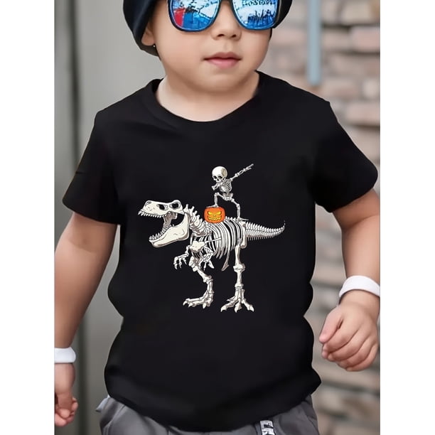 Halloween T-shirt - Playful Skeleton Striking Dab Pose On Giant T - Rex Skeleton, with Glowing Jack - O'- Lantern, Eerie - Fun Halloween - Themed Boys' T - Shirt
