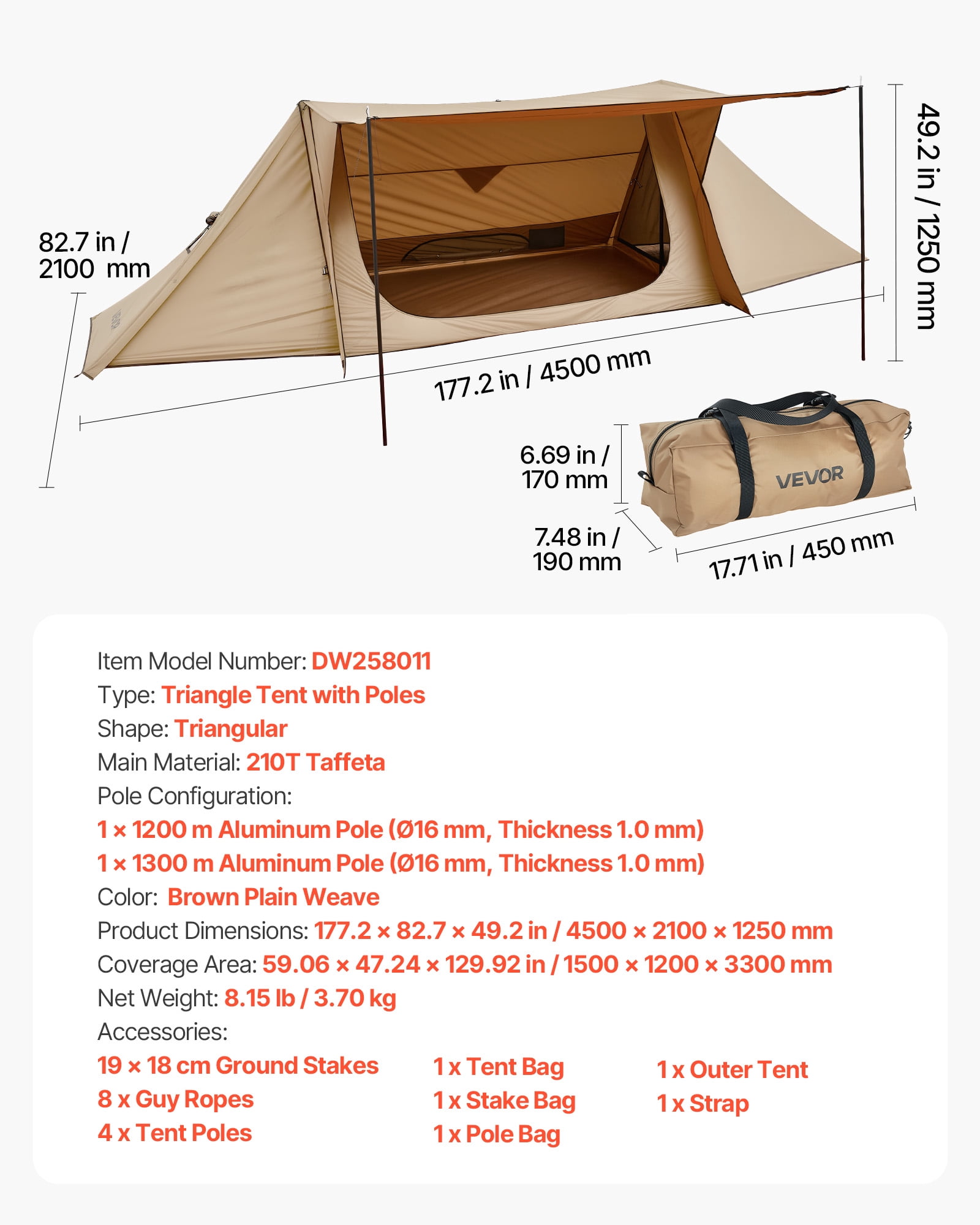 VEVOR Camping Hot Tent, Lightweight Bushcraft Tent with Stove Jack & 2 Tarp Poles, Waterproof Winter Hot Tents Shelters, Portable 4 Season Tents for 2 Persons Hiking Fishing Hunting Backpacking