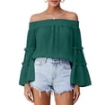 thumbnail image 6 of Tqcoqu Women's Off Shoulder Top,Ruffle Long Sleeve Chiffon Blouse,Casual Loose Trendy Shirts,Army Green Women's S-XXL, 6 of 9