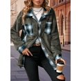 thumbnail image 5 of Shackets for Women Fleece Button Down Plaid Long Coat Lapel Hooded Fleece Lined Jacket Fashion Color Block Tops Gray S, 5 of 8