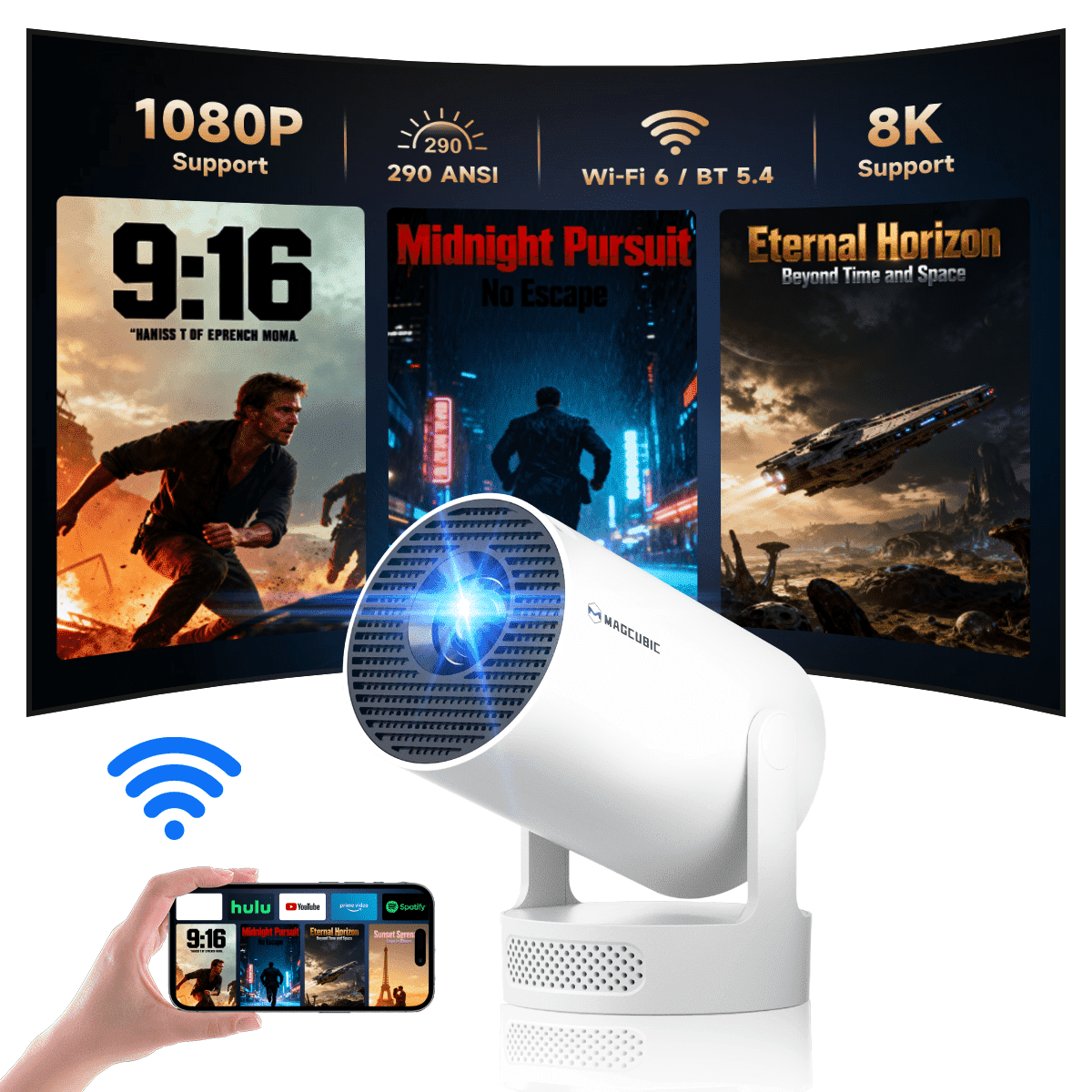 Magcubic Mini Projector 8K&4K Support with WiFi 6 and BT 5.4, 5W Soundbase Speaker, Auto Vertical Keystone 180° Rotatable Portable Projector for Home Bedroom Outdoor Movies HY300Pro+ White
