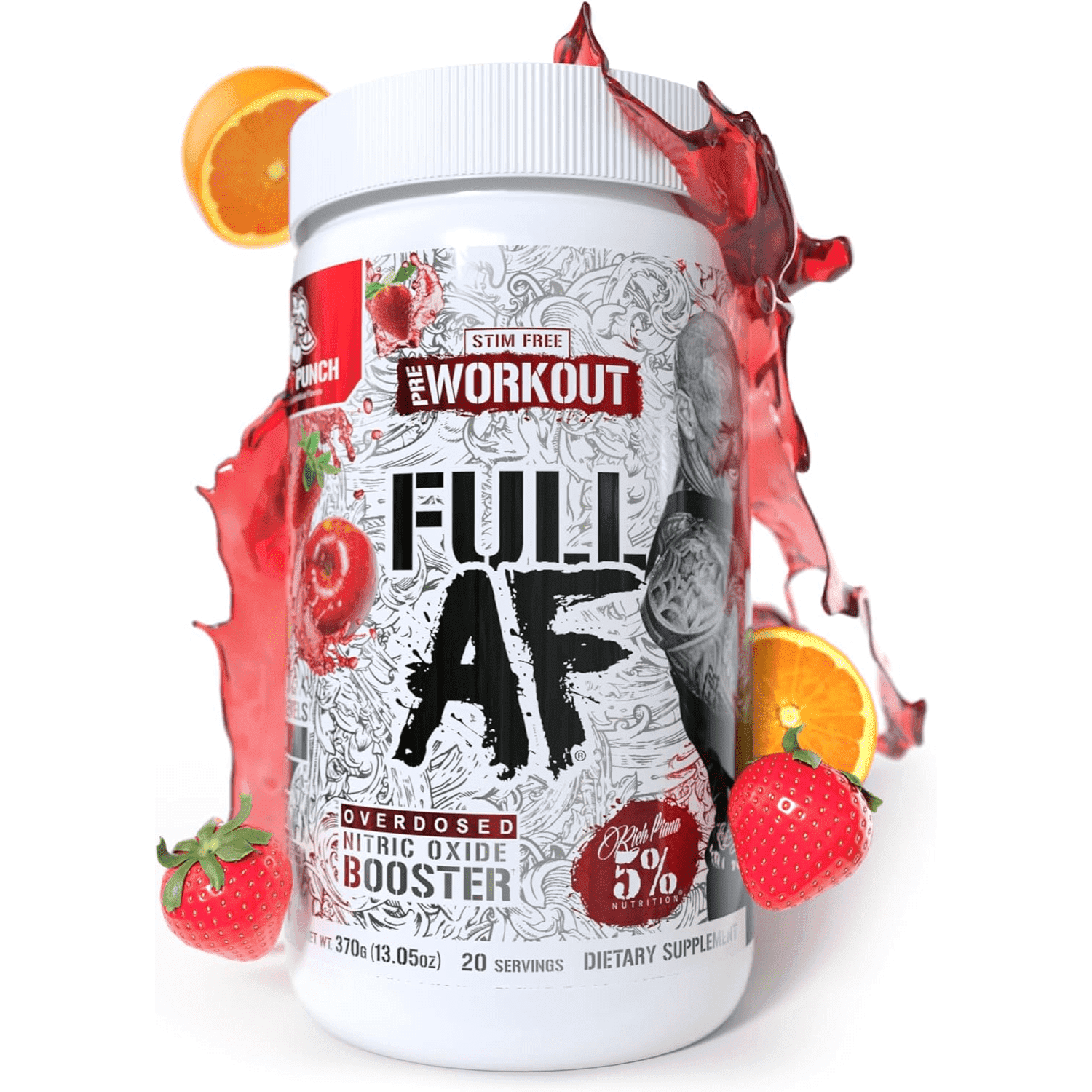 5% Nutrition Full AF Pre-Workout Stim-Free Powder Supplement, Caffeine-Free Max Pumps, 20 Servings (Fruit Punch)