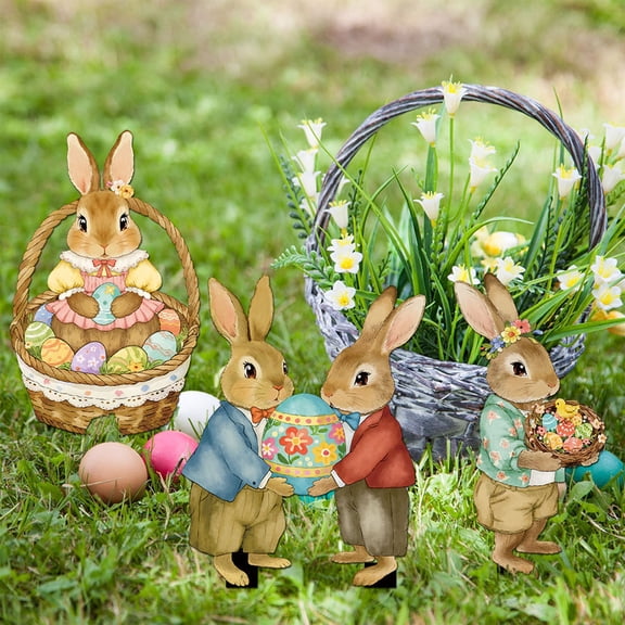 Colorful Easter Bunny Gnome Yard Stake, Garden and Lawn Decor with Egg Designs, Outdoor Holiday Decoration for Easter Party