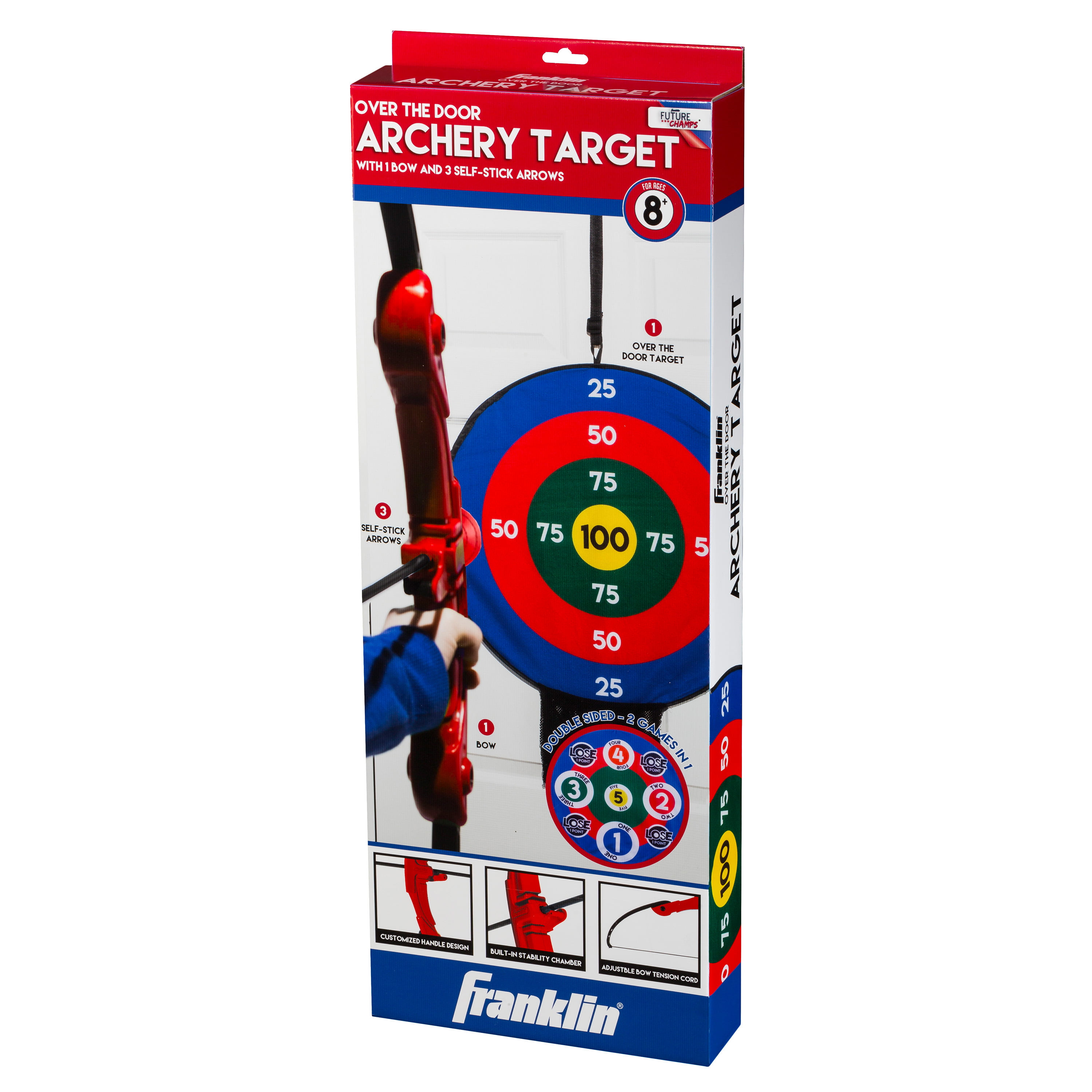 Red/Blue Perfect for Indoor Play Over The Door Height-Adjustable Target 3 Self-Stick Arrows Franklin Sports Kids Archery Target Set 1 Bow 