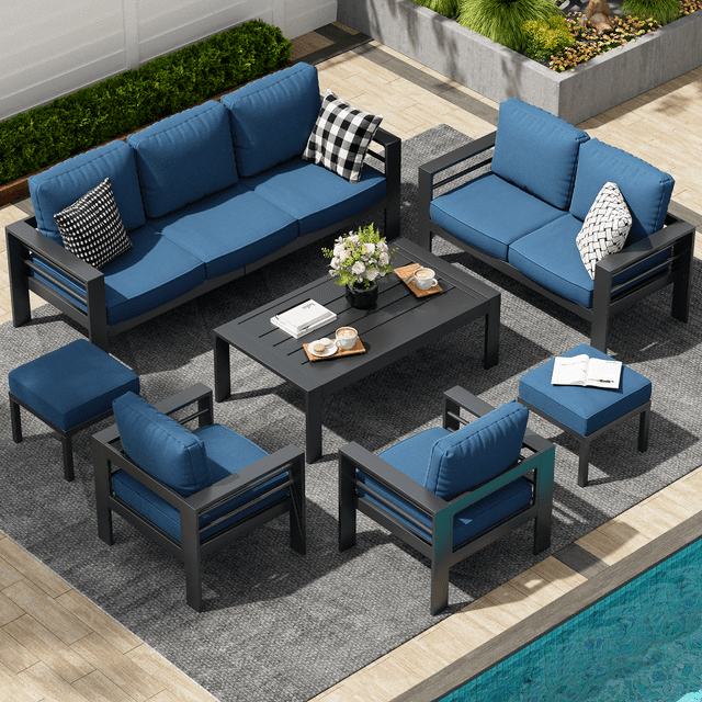 YODOLLA Ensemble de Mobilier de Patio Extérieur en Aluminium 7 Pcs, Ensemble de Conversation avec Canapé Sectionnel en Osier Bleu Toutes Saisons
