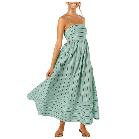TJAZFJPA Dresses Women Wedding Guest Women Striped Sleeveless Maxi Dress Swing Cutout Midi Dress Backless Smocked Spaghetti Strap Boho Flowy Long Square Neck Dress Women Summer Dresses