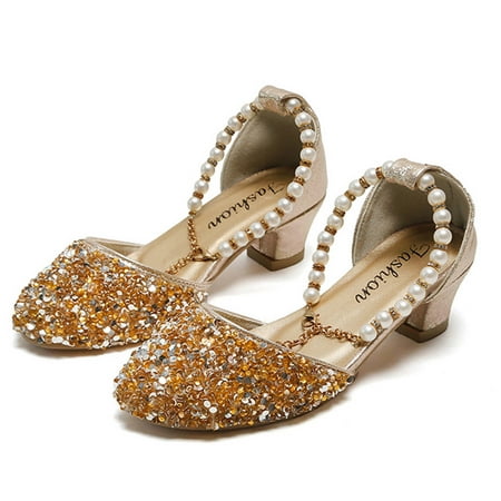 

Leutsin Toddler Shoes Baby Girls Cute Fashion Sequin Pearl Chain Non-slip Small Leather Princess High-heeled Shoes