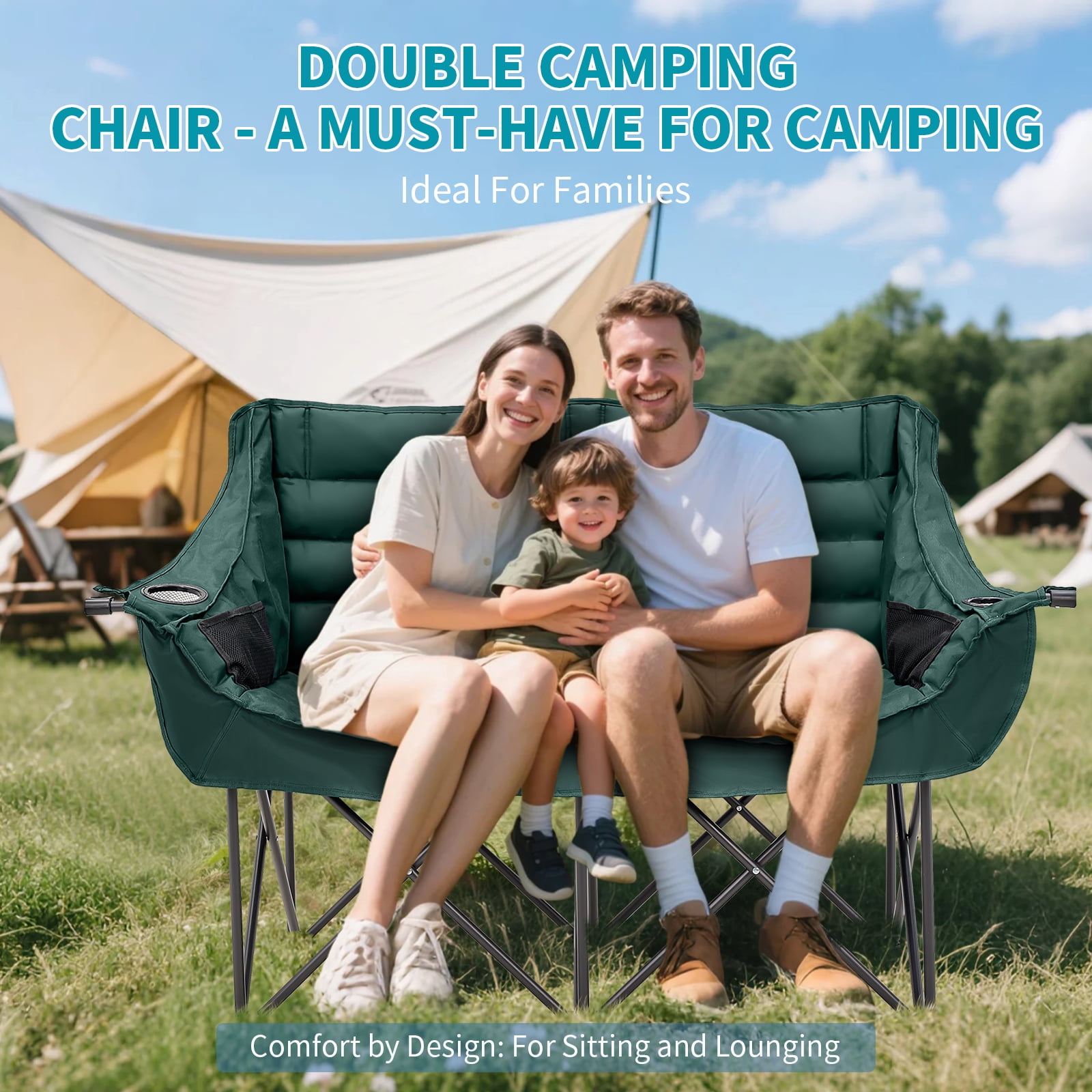 Slsy XXXL Oversized 2 Person Fully Padded Camping Chair, Folding Loveseat Camping Couch Double Camping Chairs Heavy Duty Portable Lawn Chair Patio Chair, Supports 990 LBS