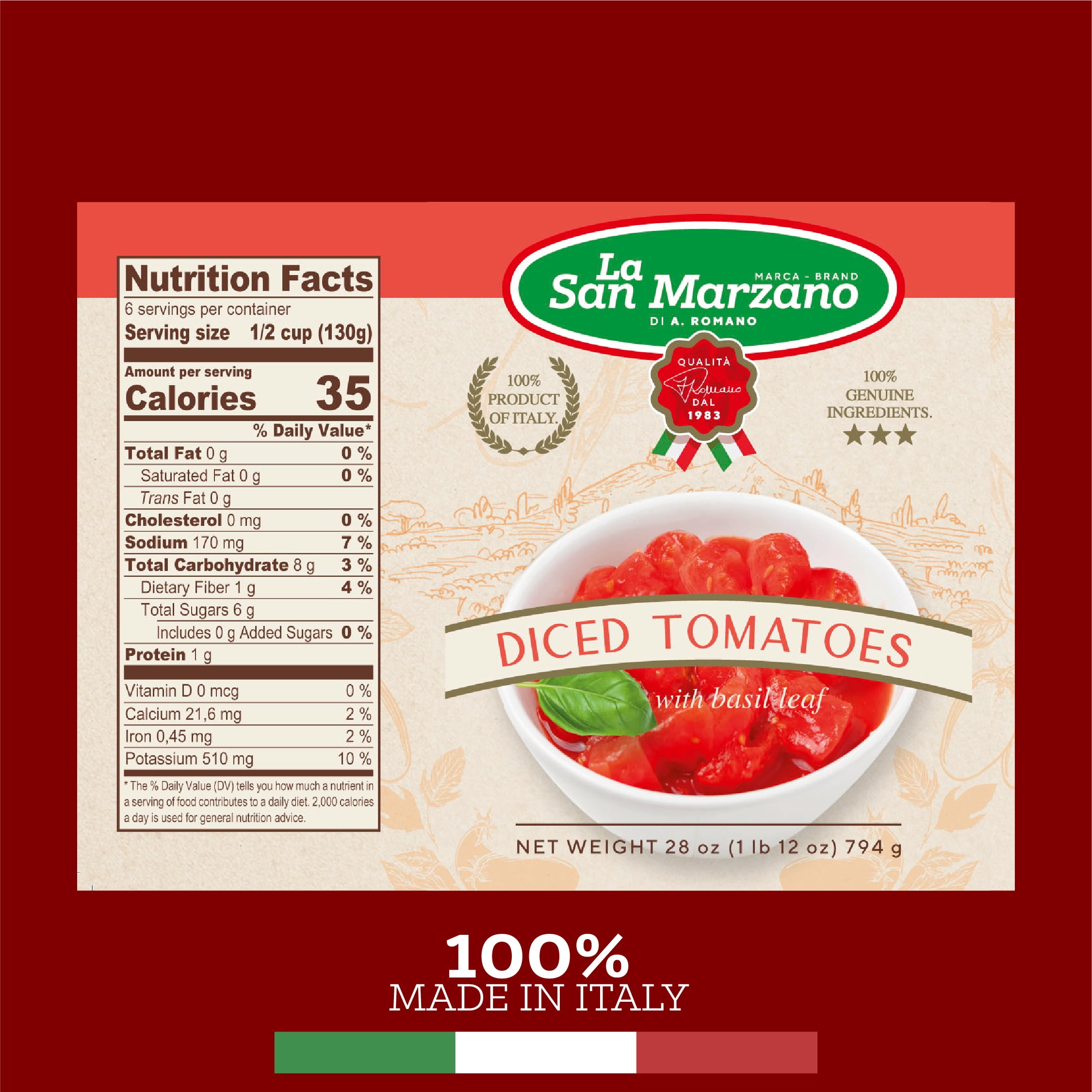La San Marzano Italian Diced Chopped Crushed Tomatoes with Basil 28oz can (Pack of 6)
