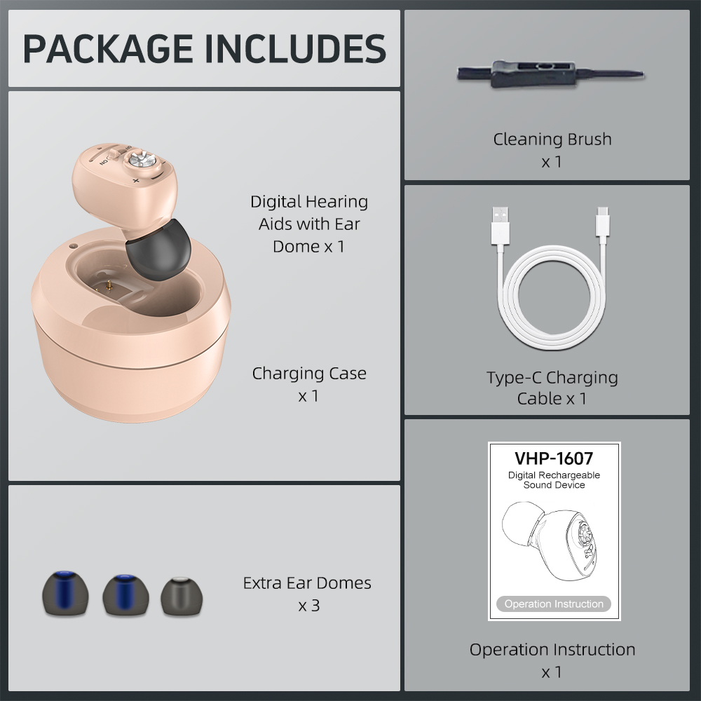 ELCTRTICI Hearing Aids for Seniors, Rechargeable, VHP-1607, Beige, Single