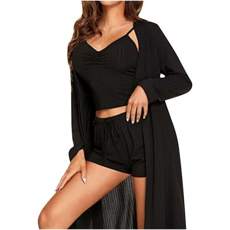 

jsaierl Women s 3 Piece Lounge Set Pajama Set Cami Crop Top Shorts Cardigan Loungewear Sleepwear