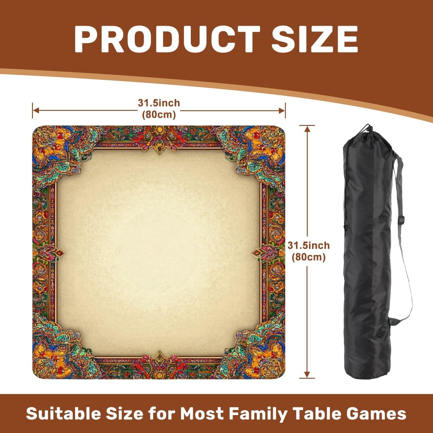 Mahjong Mat 31.5" x 31.5" Ornate Floral Border Vibrant Colors Intricate Patterns Non-Slip Noise Reduction Mahjong Tiles Table Cover for Dominoes Poker Card Board and Tile Games Gift