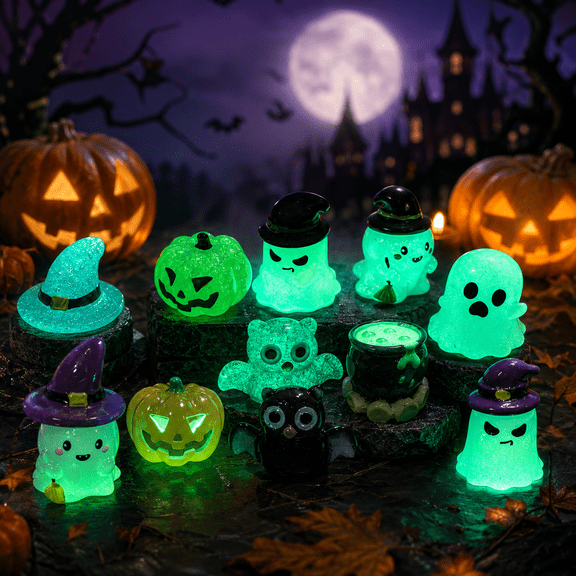 40-pack Halloween Miniature Figurines, Glow in the Dark Tiny Resin Pumpkins, Ghosts, Witch Hats and Owls for Fairy Garden, Tiered Tray and Party Favors