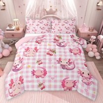 Homewish Cartoon Axolotl Salamander 3 Pieces Queen Comforter Set for Preppy Child,Geometric Plaid Ultra Soft Bedding Sets,Kawaii Bow Knot Cherry Bedding Comforter Set Breathable