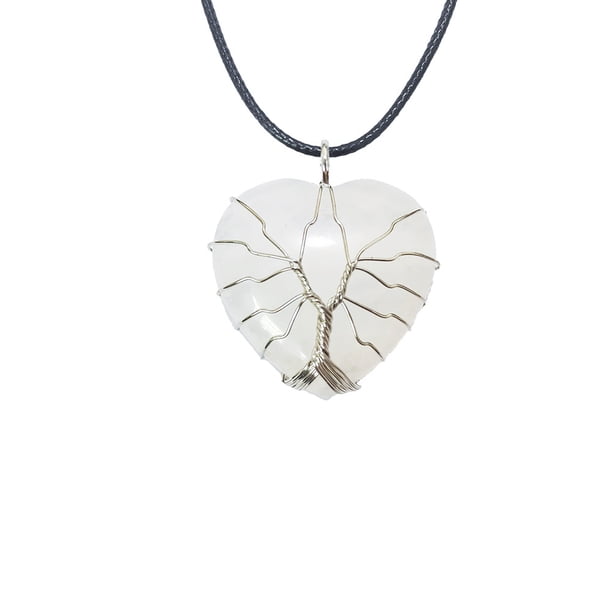 Zhuge Collar con colgante de árbol de la vida, joyería, colgante de plata hecho a mano, corazón de melocotón, piedra natural, corazón, cristal, collar de árbol de la vida (blanco)