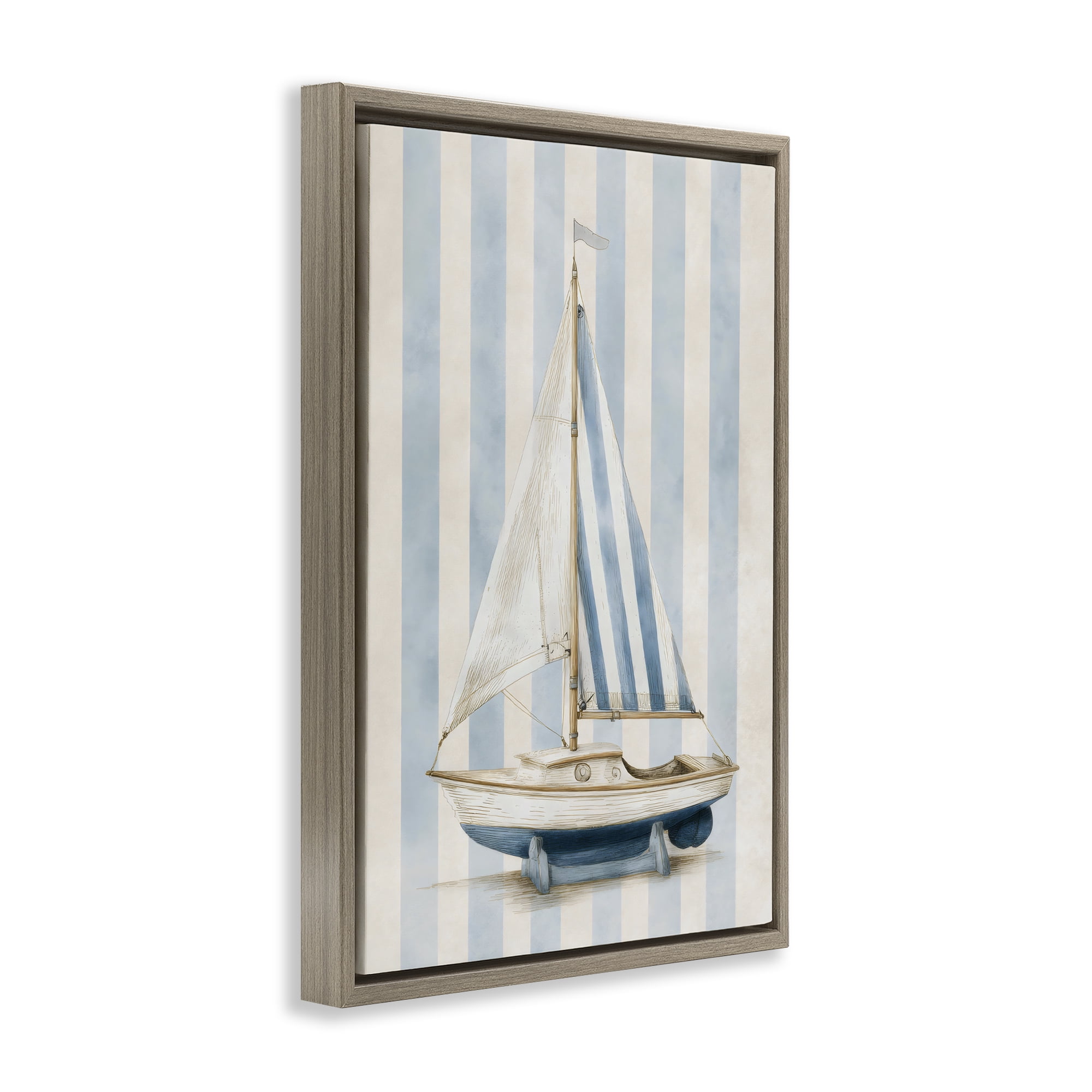 Stupell Industries Seaside Stripes Sailboat Brown Framed Floater Canvas Wall Art, design by Petal Prints Design