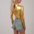 thumbnail image 4 of UYISJ Women's Shiny Metallic Liquid Crop Top Long Sleeve Mock Neck Turtleneck Slim Fitted Crop Top Clubwear Going out Shirts Gold S, 4 of 7