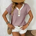 thumbnail image 2 of Women's Tops Short Sleeve Striped Button V-Neck Knitted Sweater Shirts Trendy Cute Dressy Casual Loose Fit Pullover Blouses, 2 of 4