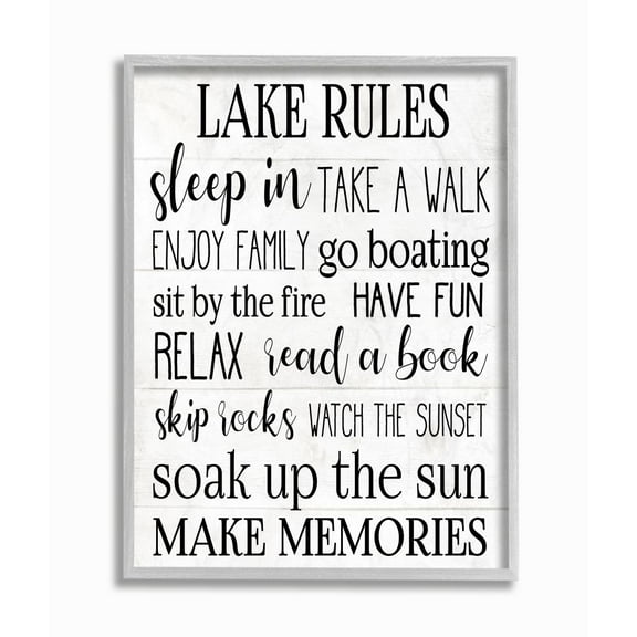 Stupell Industries Motivational Lake Rules Sign Text Styles Black White Framed Wall Art Design by Daphne Polselli, 16" x 20", Gray Framed
