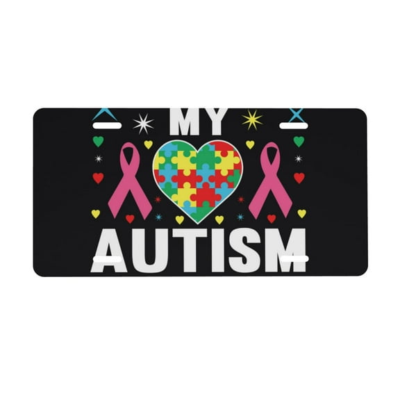 Zufioo I Love My Autism Print Car Aluminum Front License Plate, 12x6 Inch Decorative Personalized Car License Plate Car Accessories