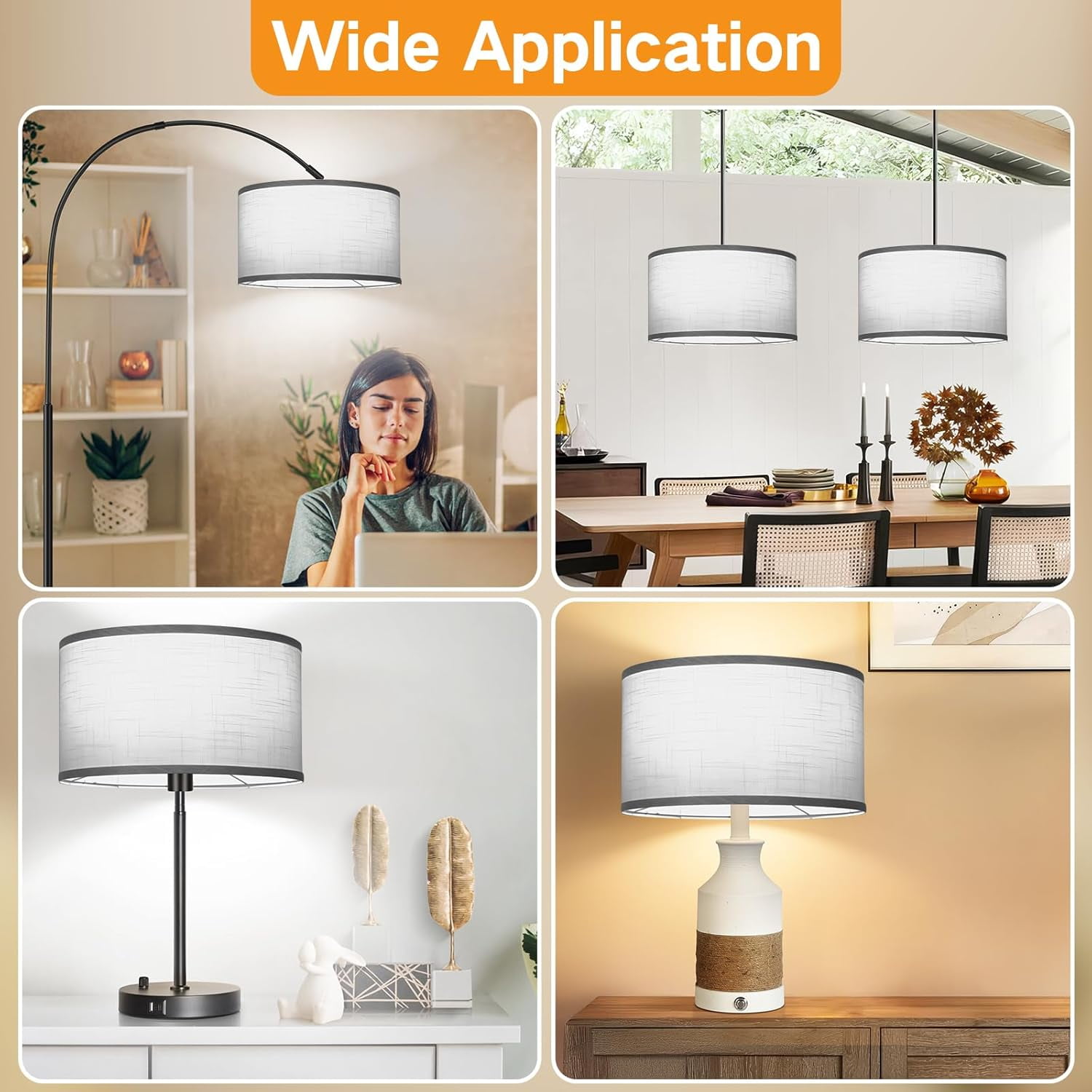 White Large Drum Lamp Shades for Floor Lamps, 17.5" Top x 17.5" Bottom x 10" High, Easy to Assemble, Replacement Linen Lampshades for Table Lamps & Bedside Lamps (1.65" Spider)