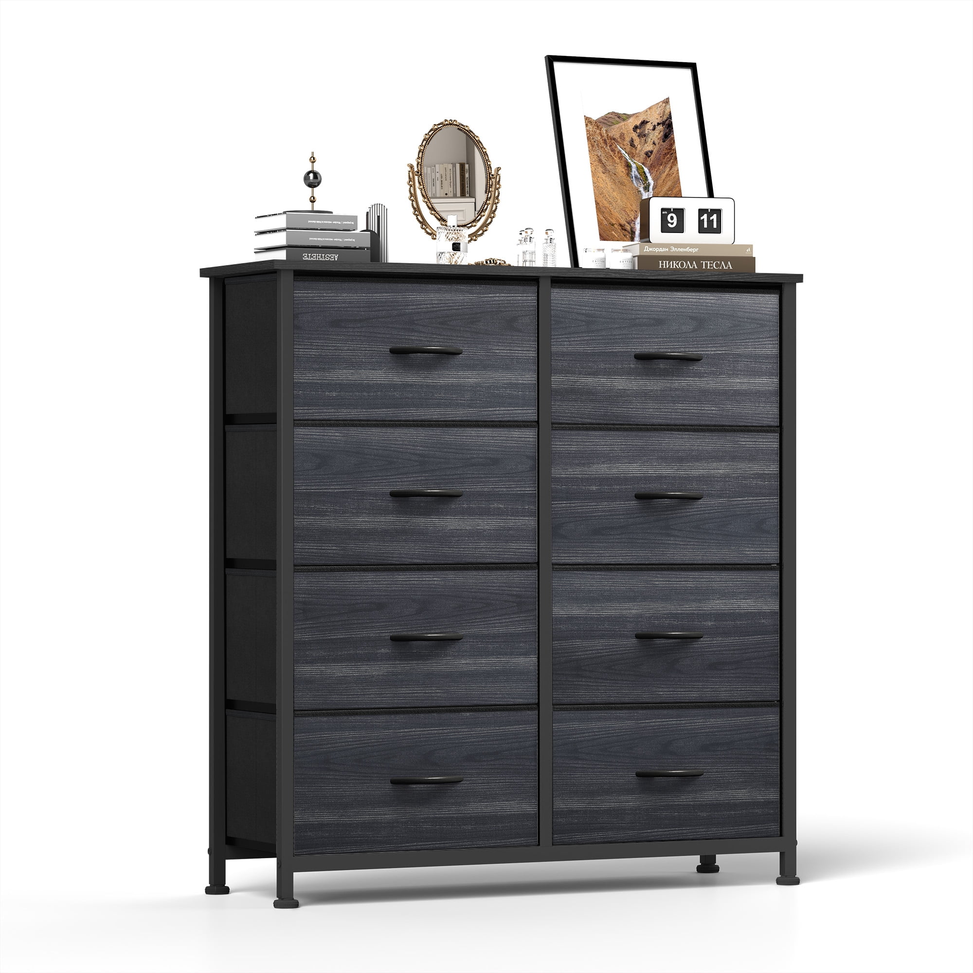 Uforic 8 Drawers Dresser Chest of Drawers for Fabric Storage Dressers for Living Room Charcoal Black Wood Grain