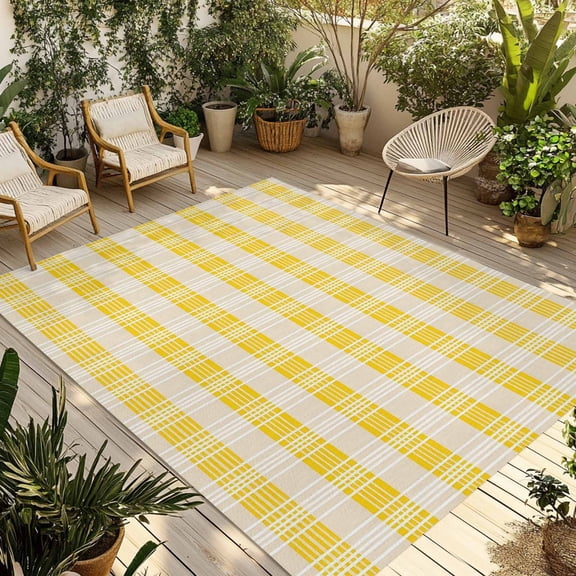 Yellow Plaid Striped Outdoor Rug for Patio/Deck/Porch, Non-Slip Large Area Rug 3 x 5 Ft, Farmhouse Checkered Modern Abstract Art Indoor Outdoor Rugs Washable Area Rugs, Camping Rug Carpet Runner