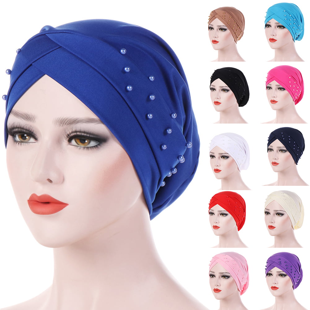 Women Beads Elastic Turban Hats Muslim Chemo Cap Hijab Arab Head Scarf Head Wrap 
