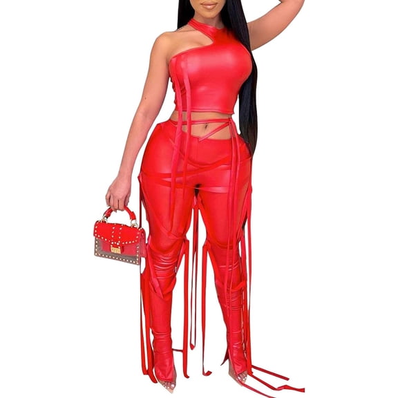 HLSOHJP Women's Faux Leather Club Outfit Two Piece Sleeveless Cropped Tank Top Split Pants Lace Up Ruched Matching Sets