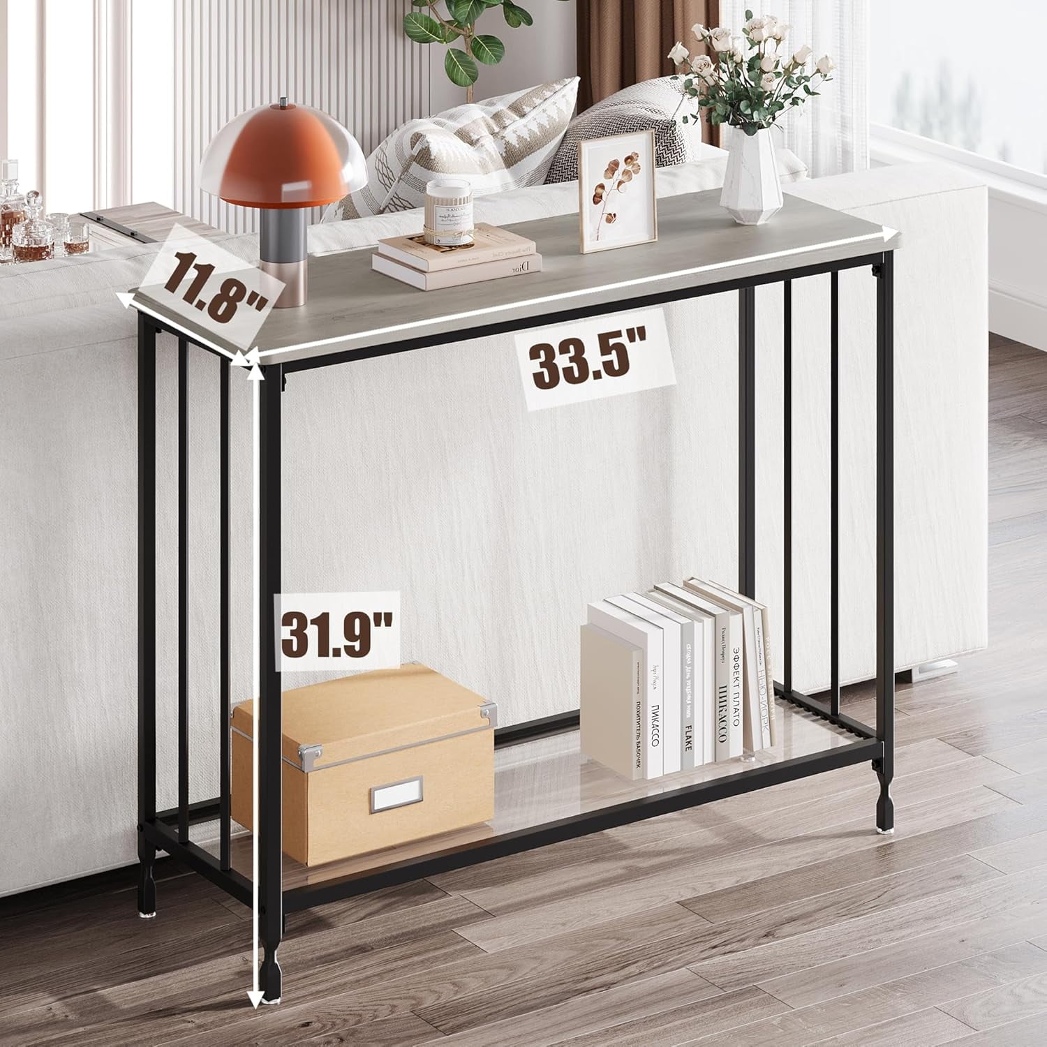 Console Table, Sofa Tables Narrow Entryway Table with Glass Shelf and Metal Frame, 33.5" Behind Couch Table Industrial Hallway Table for Living Room, Foyer, Bedroom, Rustic Grey