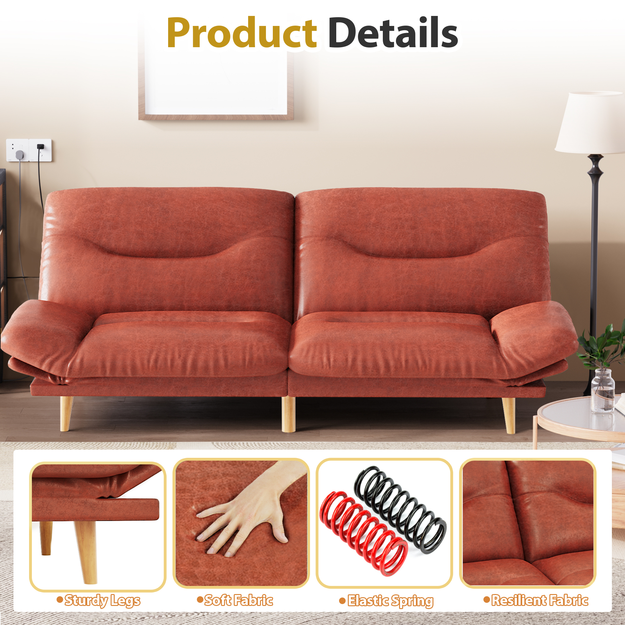 Furmax Futon with Five Angles Adjustable Armrests and Adjustable Backrest Futon Sofa Couch for Small Spaces Living Room Office,Leathaire Brown