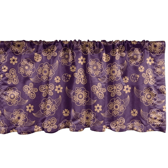 Ambesonne Floral Valance Pack of 2, Butterflies Flowers Ladybugs, 54"X18", Plum and Almond