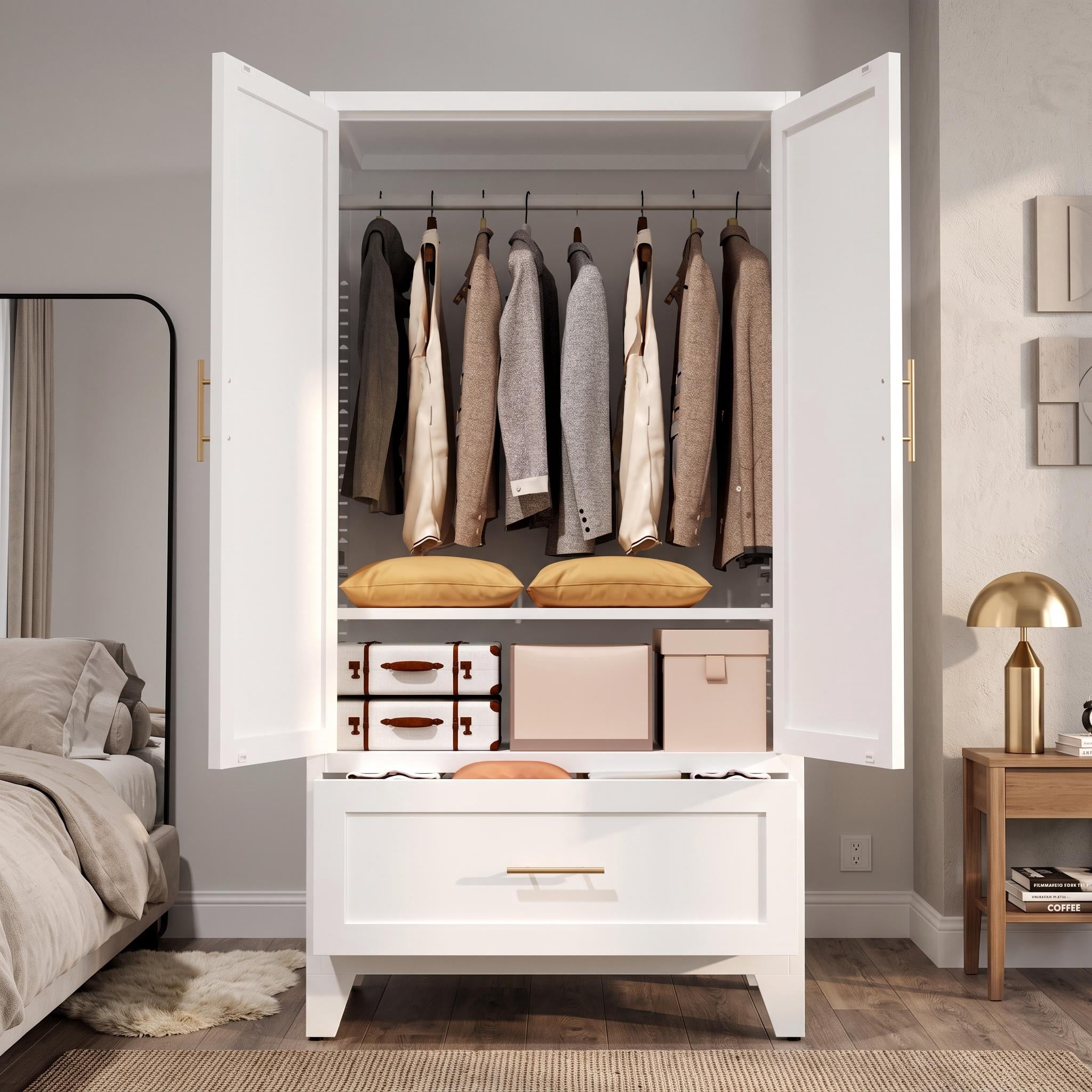 Homy Casa 60" Freestanding Armoire Wardrobe Closet with Doors, Drawer for Bedroom, White Storage Cabinet