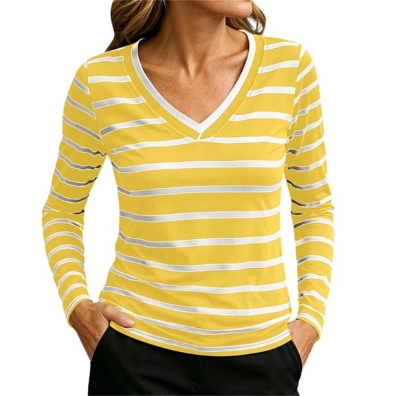 hoksml Women Contrast Trim V Neck Long Sleeve Striped T-Shirt Slim Stretch Casual Top for Office Daily All Season