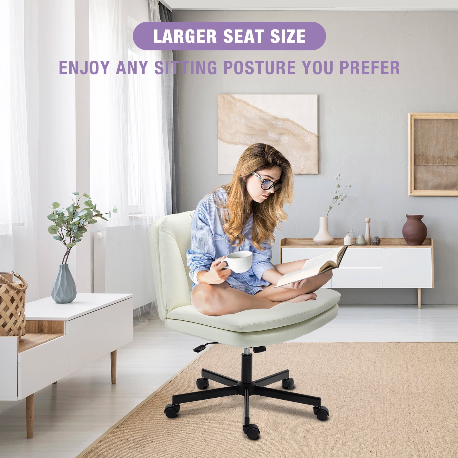 Criss Cross Legged Chair Ergonomic Home Office Desk Chair with Casters, Armless Wide Comfy Computer Task Seat Swivel Rolling Vanity Chair with Height Adjustable and Rocking Function, Beige