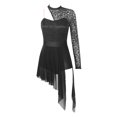 thumbnail image 3 of ranrann Women Glitter Asymmetrical Skating Dress Long Sleeve Leotard Sheer Mesh Ballet Dance Leotard Black M, 3 of 7