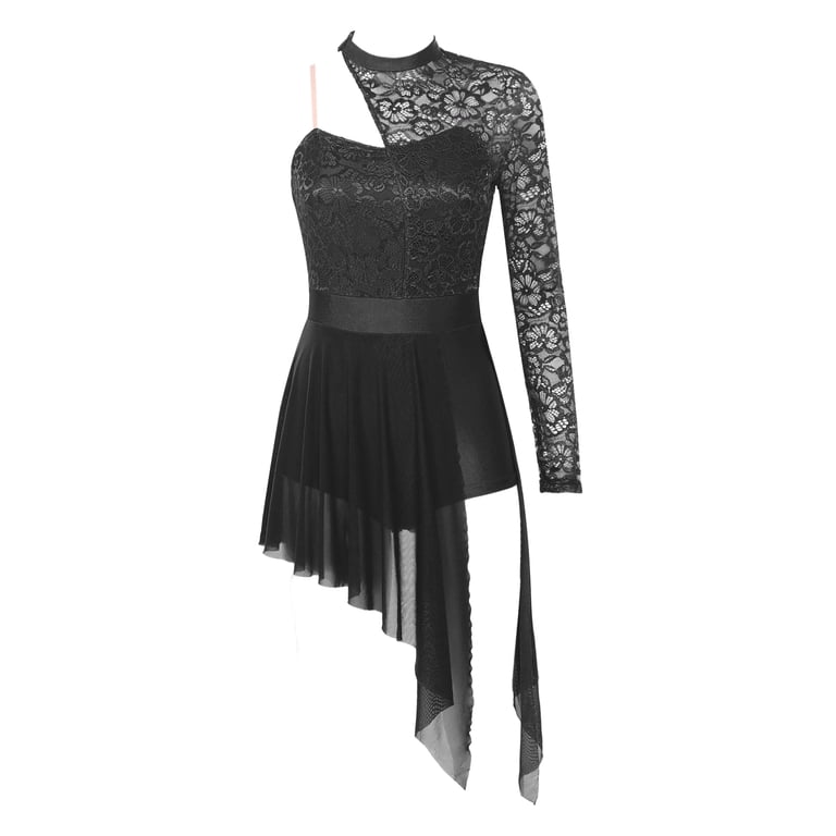 TSSOE Women's Turtleneck Lace Ballet Dress Asymmetric Flowy Tulle Skirt  Contemporary Lyrical Dance Black L - Walmart.com