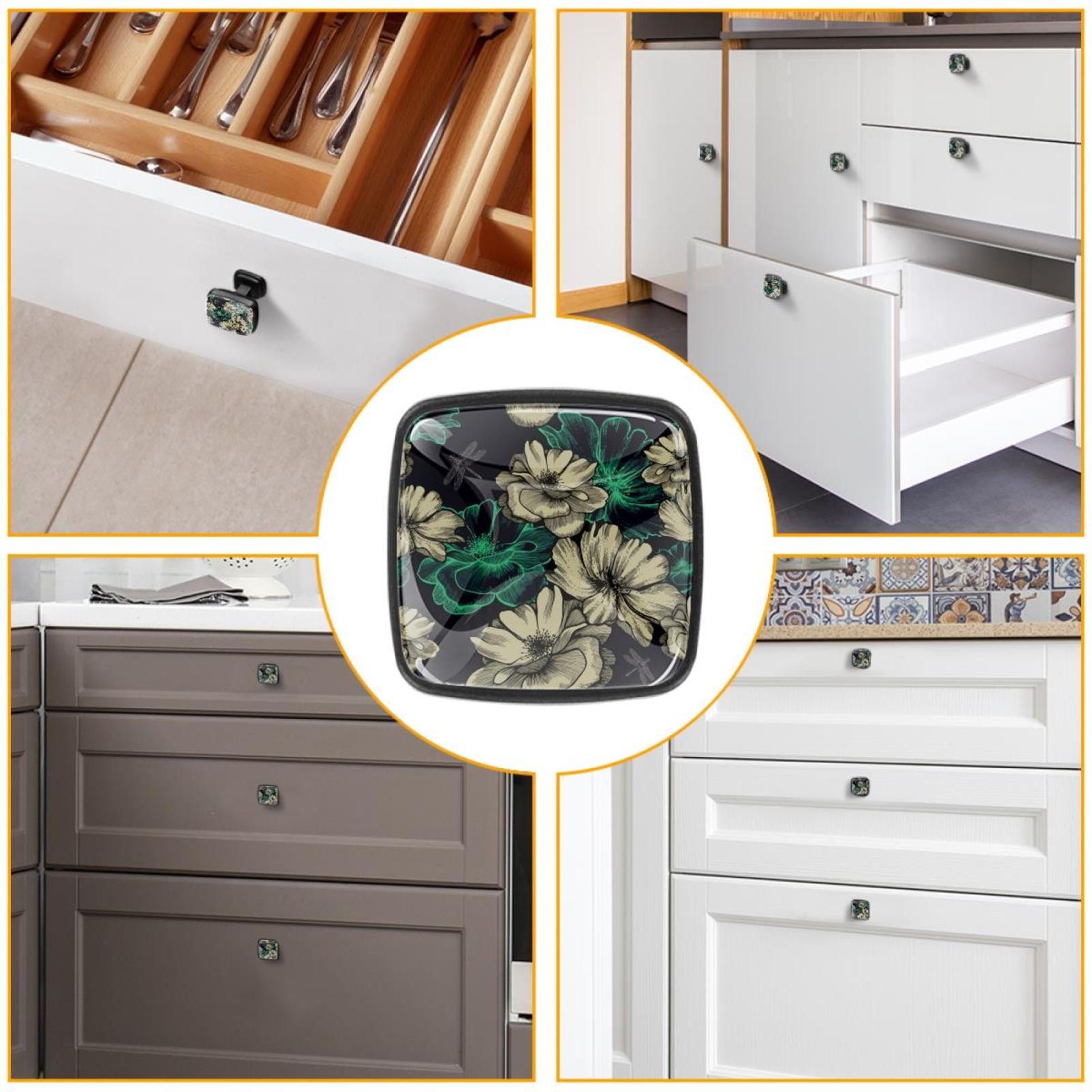 4 Pcs Cabinet Handle Drawer Pulls Roses Dragonflies Knobs with Screws Square Furniture Office Cabinet Knob Decoration