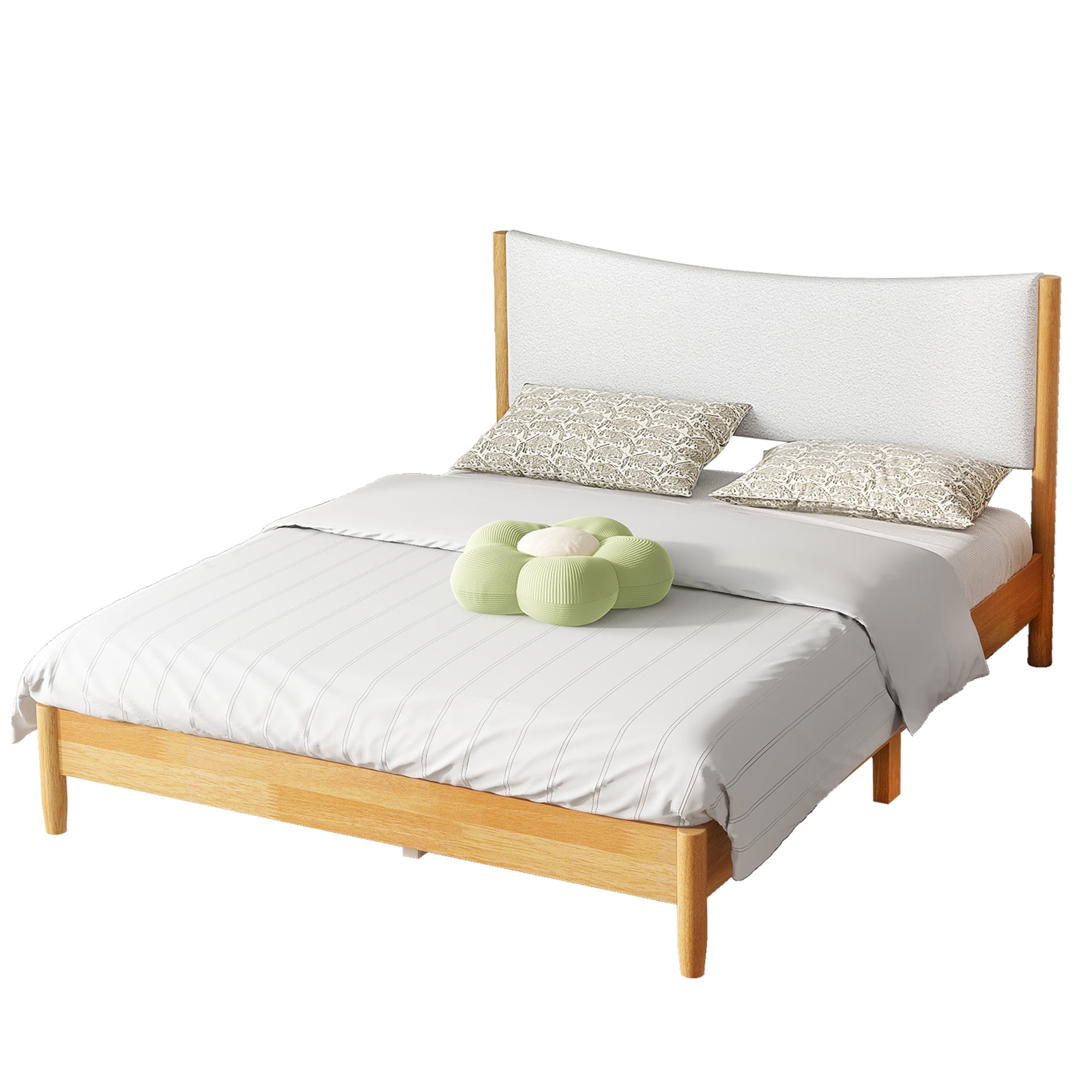 Sailvan Queen Size Solid Rubber Wooden Bed with Boucle Upholstered Headboard, Support Feet