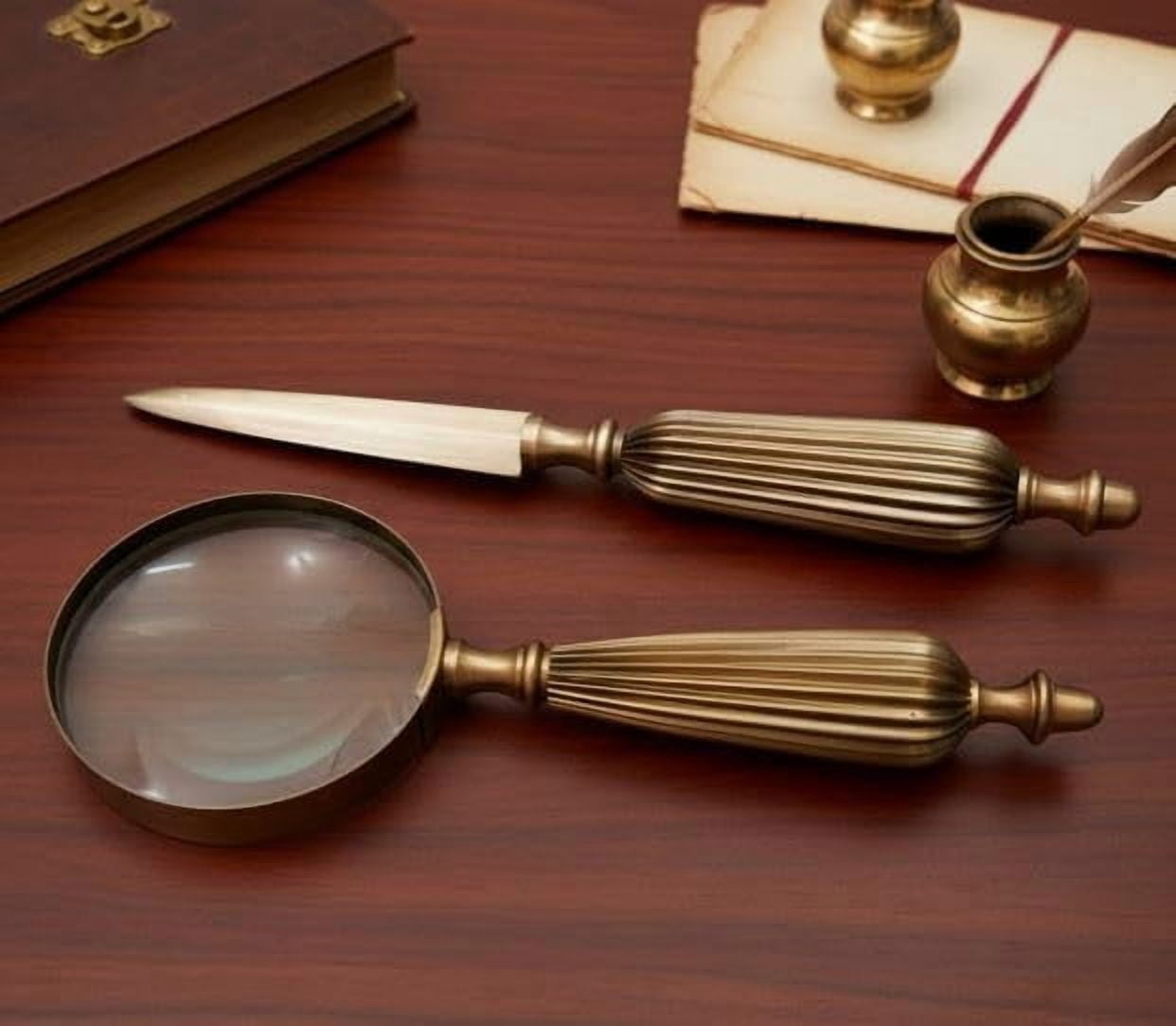 Maritime treasures Desk Magnifier & Letter Opener Set – Vintage Brass Optical Magnifier with Handle for Reading, Office Desk, Collectors & Executive Gift