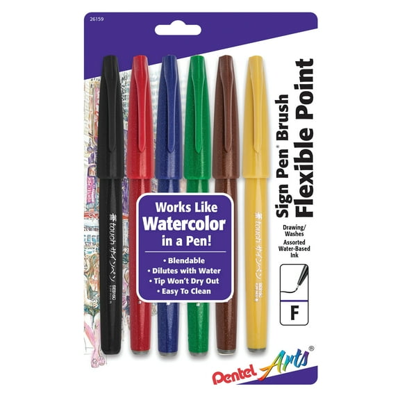 Pentel Sign Pen Brush Tip Set, 6-Colors