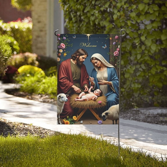 Welcome Holy Family Garden Flag 12x18 Inch Double Sided Outdoor Yard Decor Religious Nativity Scene Christmas Holiday Farmhouse Decoration Small Yard Farmhouse Patriotic Holiday Gifts