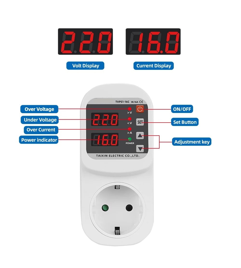 Over Voltage Current Under Voltage Protector Socket AC 220V 110V Adjustable 16A Surge Protector EU Plug Socket Safe Protect