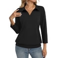 thumbnail image 2 of Womens 3/4 Sleeve Polo Shirts Collared V Neck Business Blouses Banded Bottom Casual Tops Black 3XL, 2 of 7